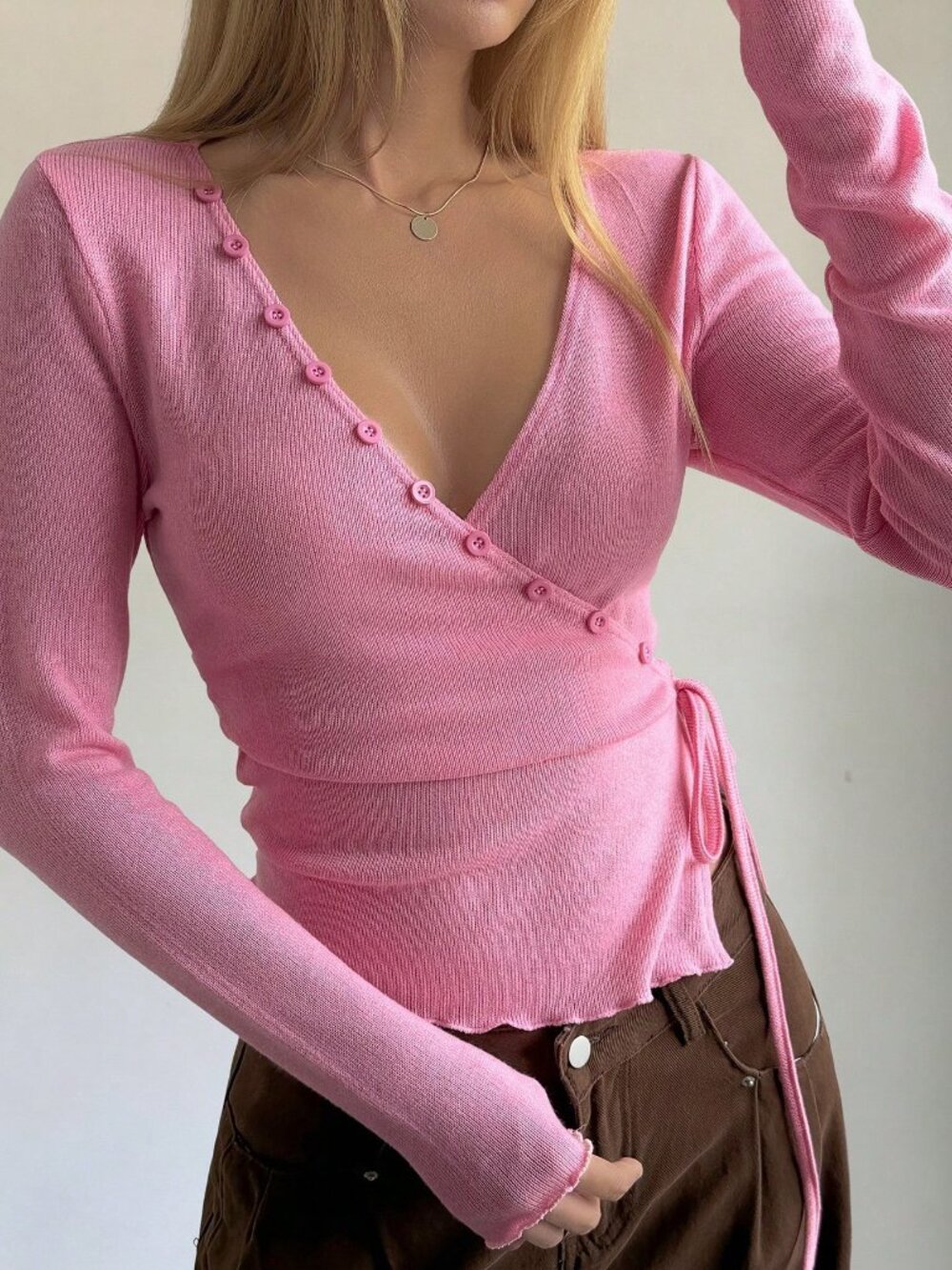 Pink Casual Women's Deep V-Neck Long Sleeve T-Shirt